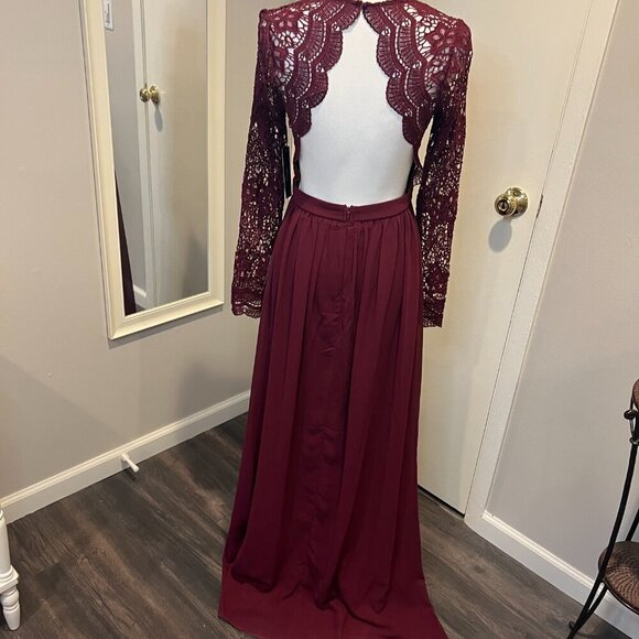 NWT Lulus Burgundy Awaken My Love Long Sleeve Open Back Lace Maxi Dress, Size S - Picture 12 of 16